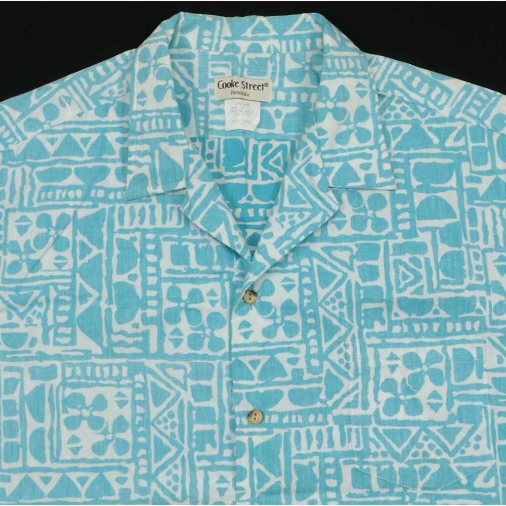 VTG Cooke Street Honolulu‎ 2XL Turquoise Tribal Geo AOP Cotton Hawaiian Shirt
